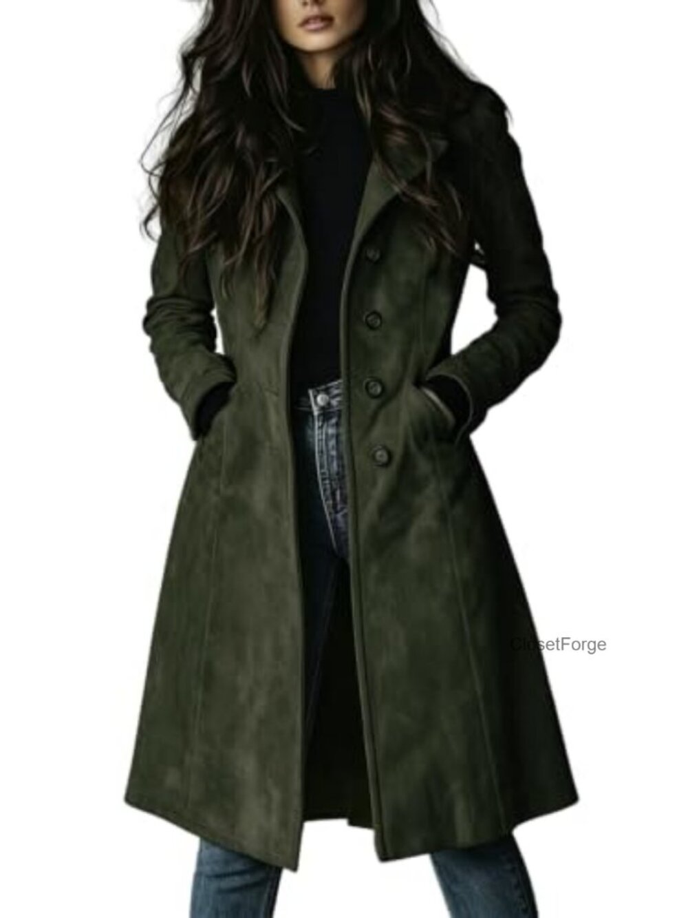Faux Suede Leather Long Single Breasted Trench Coat with Pockets